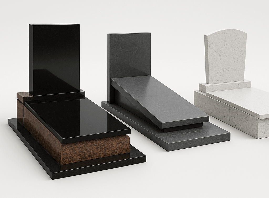 Trzy nowoczesne nagrobki granitowe ustawione obok siebie na jasnym tle — po lewej elegancki czarno-brązowy z polerowaną płytą, pośrodku minimalistyczny grafitowy z ukośną płytą, a po prawej jasny granitowy o prostym, klasycznym kształcie.