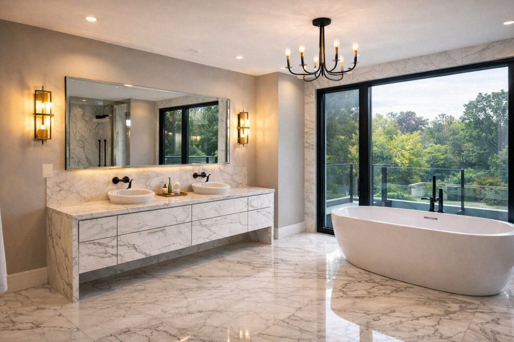 Marmur w łazience – podłoga i ściany z białego marmuru w nowoczesnym wnętrzu