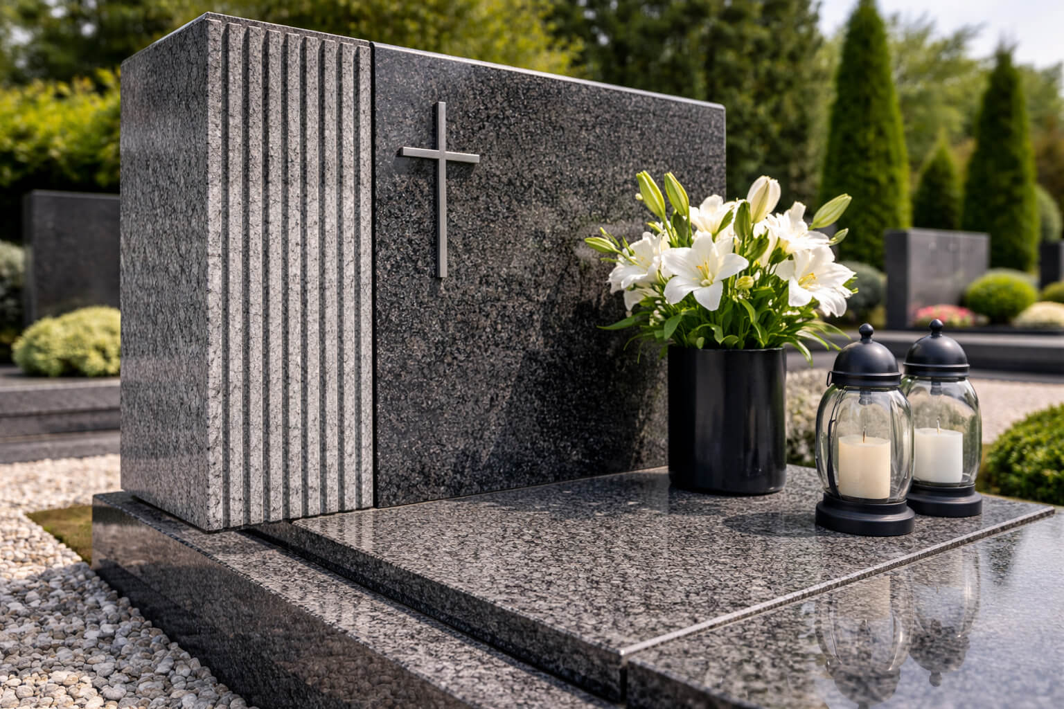 Nowoczesny nagrobek z ryflowanym granitem – pionowy pas strukturalny jako subtelny detal kamienia naturalnego