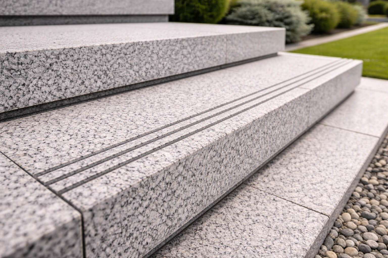 Schody granitowe zewnętrzne z ryflowanym noskiem – antypoślizgowe wykończenie kamienia naturalnego